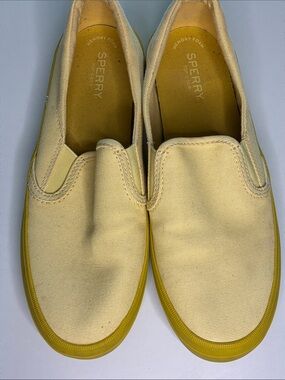 Sperry Cream Canvas Slip-On Loafers with Yellow Sole
